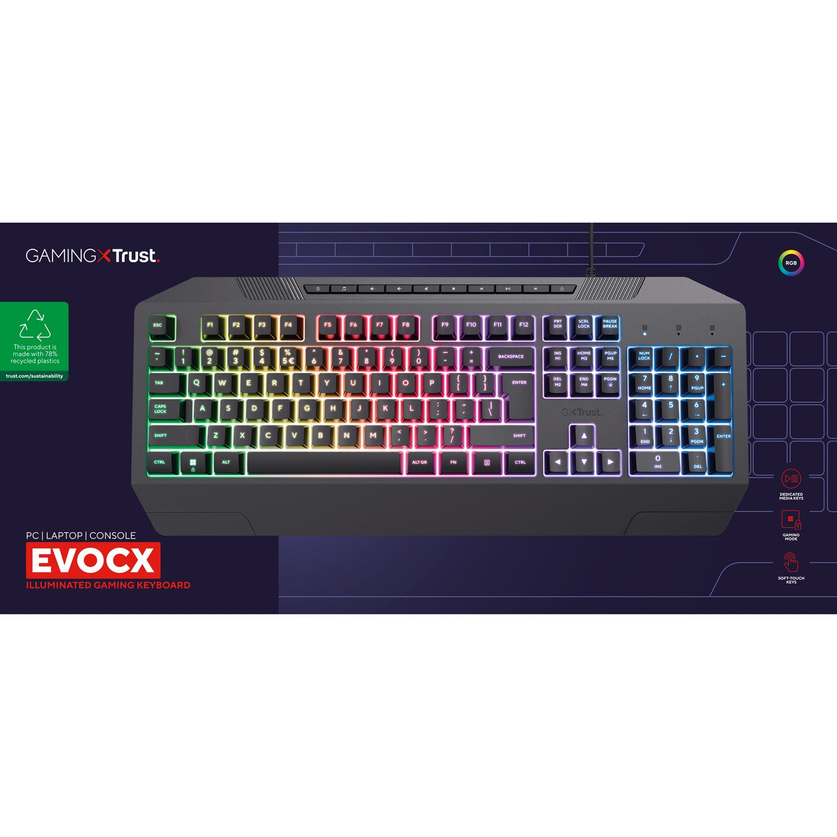 Trust GXT 836 EVOCX RGB gaming tastatur (sort, amerikansk layout (QWERTY), membran, 100 %, RGB)