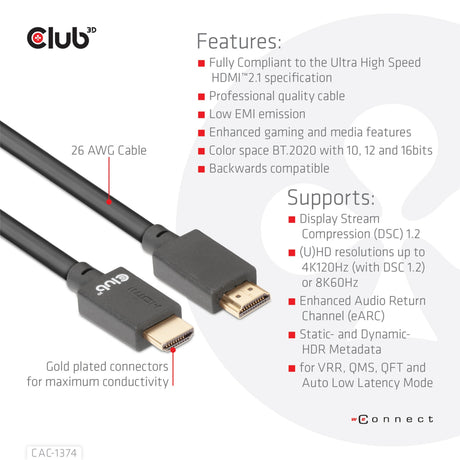 Club 3D ultra højhastigheds HDMI 2.1 han-han-kabel (sort, 4 meter, 4K 120Hz, 8K 60Hz, 48Gbps)