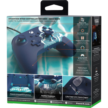 Powera advantage controller med kabel til xbox-serien x|s - vandbølge (azurblå, xbox-serien x|s, xbox one, pc)