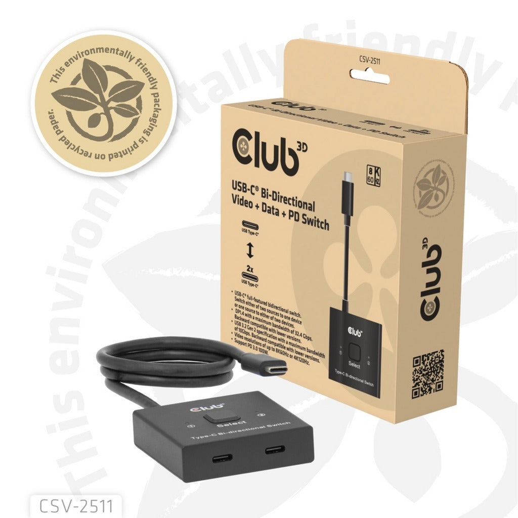 Club 3D USB-C tovejs video + data + PD switch USB switch (sort)