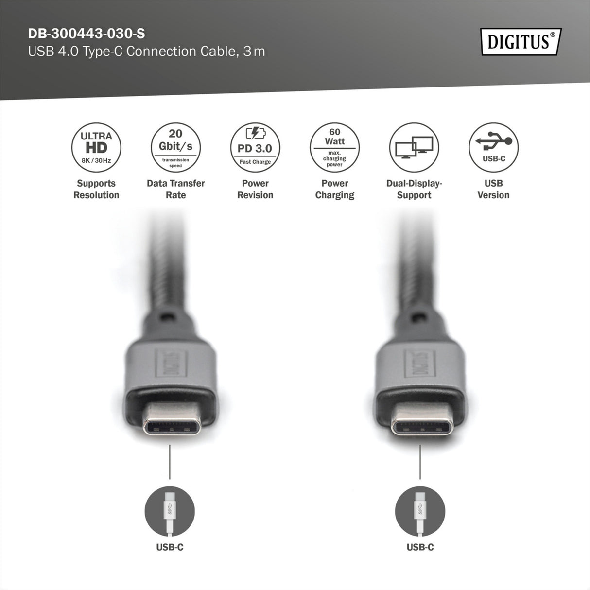 Digitus USB-C 4 gen2 USB-C tilslutningskabel (sort grå, 3 meter)
