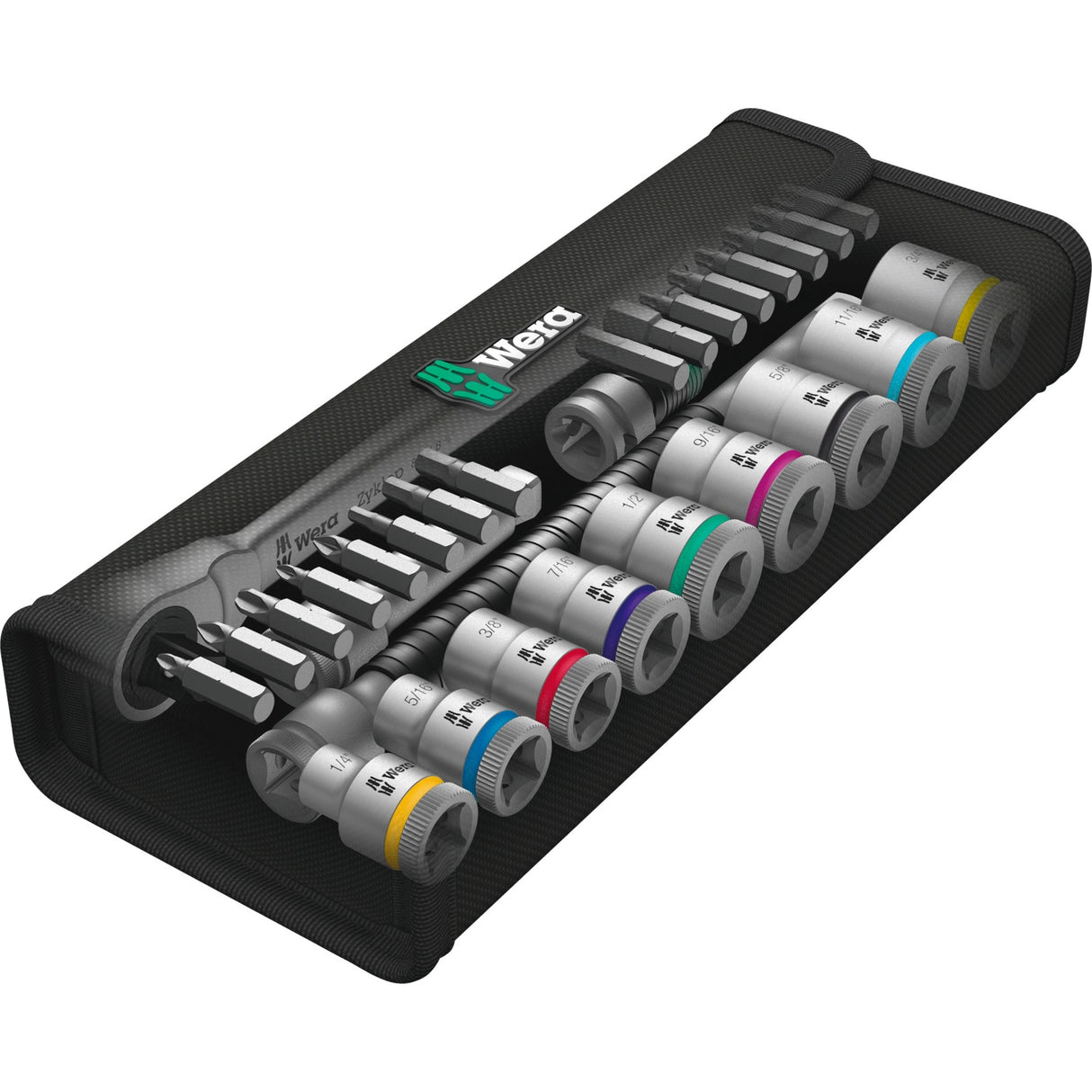 Wera 8100 sb 11 zyklop metal skraldesæt, 3 8 værktøjssæt (sort grøn, 29 dele, metal skralde med firkantet drev)