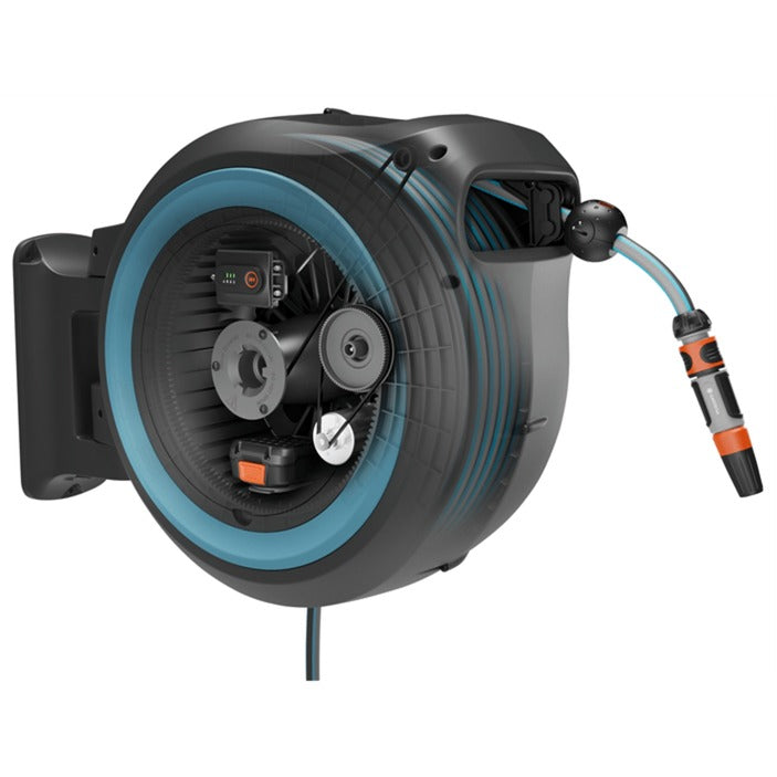 Gardena 40 m vægslangeboks powerroll xxl slangetromle (grå turkis, 40 meter, batteri og oplader medfølger ikke, strøm til alliance, )