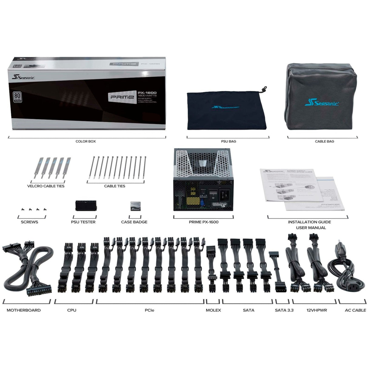 Seasonic Prime PX-1600 modulær 1600 watt strømforsyning (sort, 2x 12VHPWR, 8x PCIe)