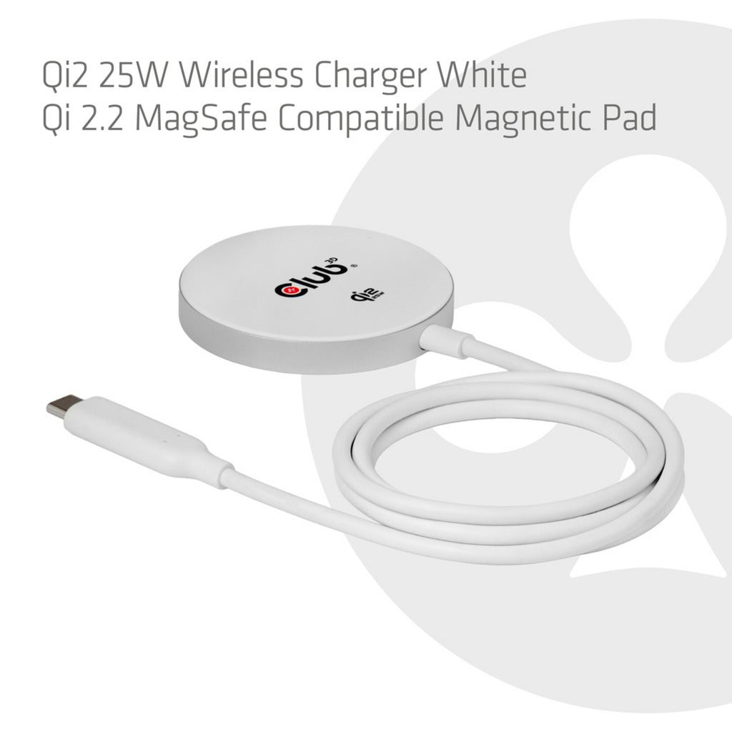 Club 3d cac-3026 qi2 25w draadloze oplader (wit, qi-gecertificeerd, magsafe-compatibel, magnetisch pad)