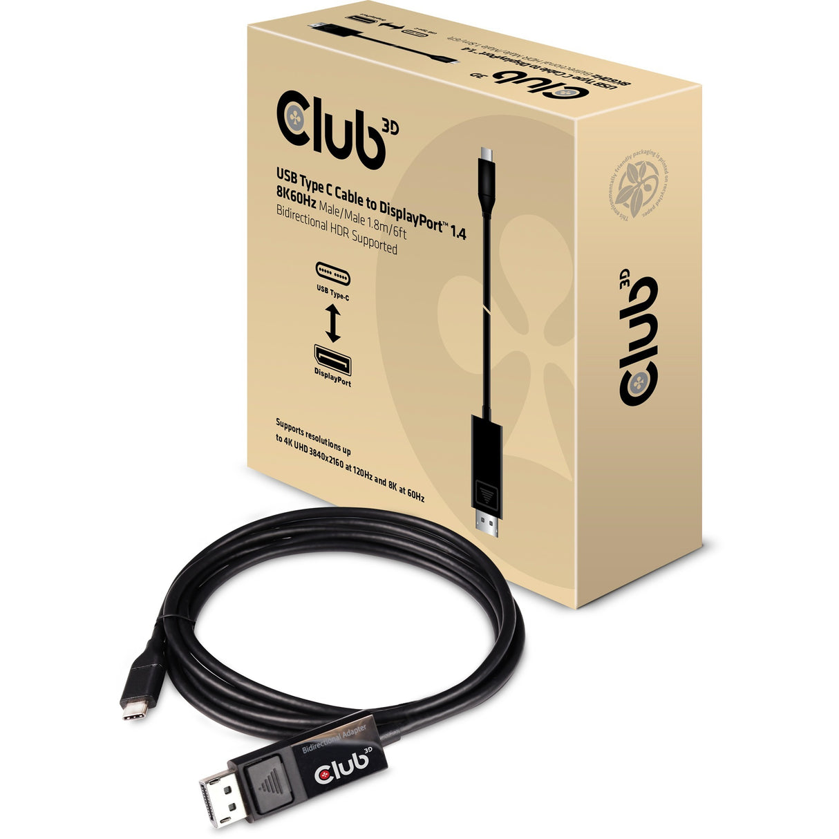 Club 3D USB-C > DisplayPort 1.4-adapter (sort, 1,8 meter)