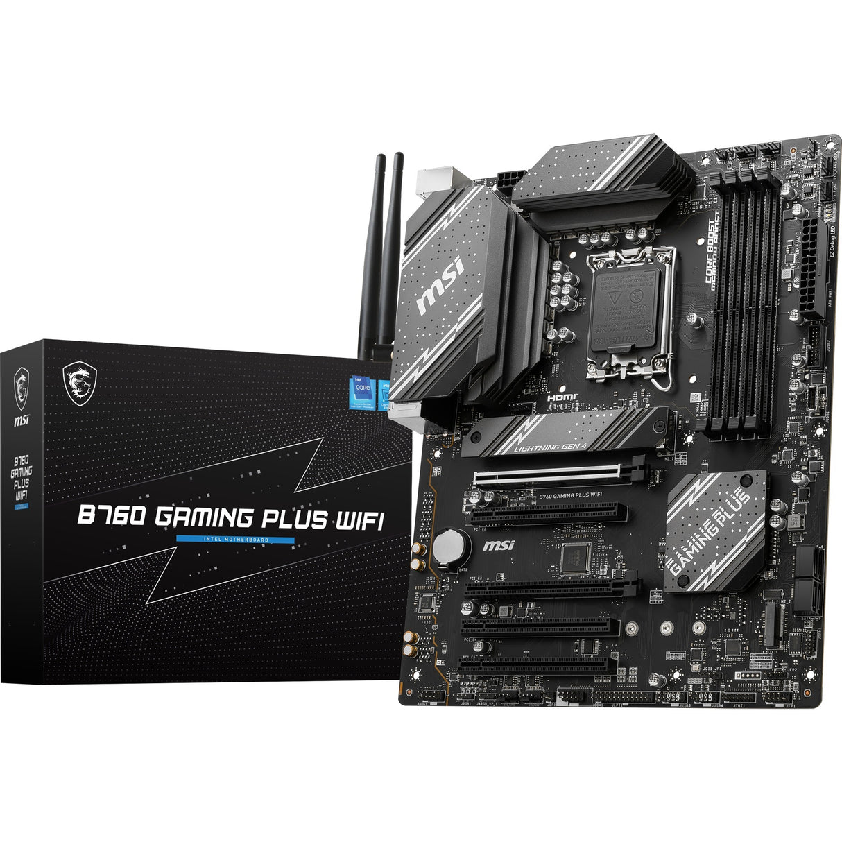 MSI B760 Gaming Plus Wi-Fi Socket 1700 bundkort (grå sort, RAID, 2,5 GB LAN, Wi-Fi 6e, BT, lyd, ATX)