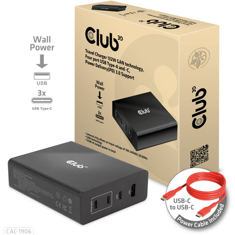 Club 3D rejseoplader 132W gan teknologi, fire port USB type-a og -c (sort, strømforsyning (pd) 3.0)