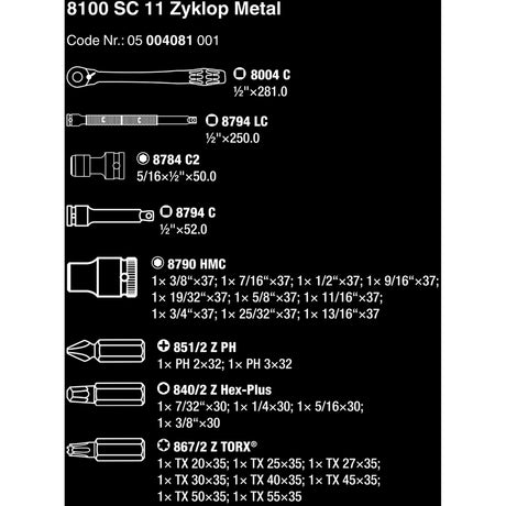 Wera 8100 sc 11 zyklop metal skraldesæt værktøjssæt (sort grøn, 28 dele, fuld metal vendbar skralde)