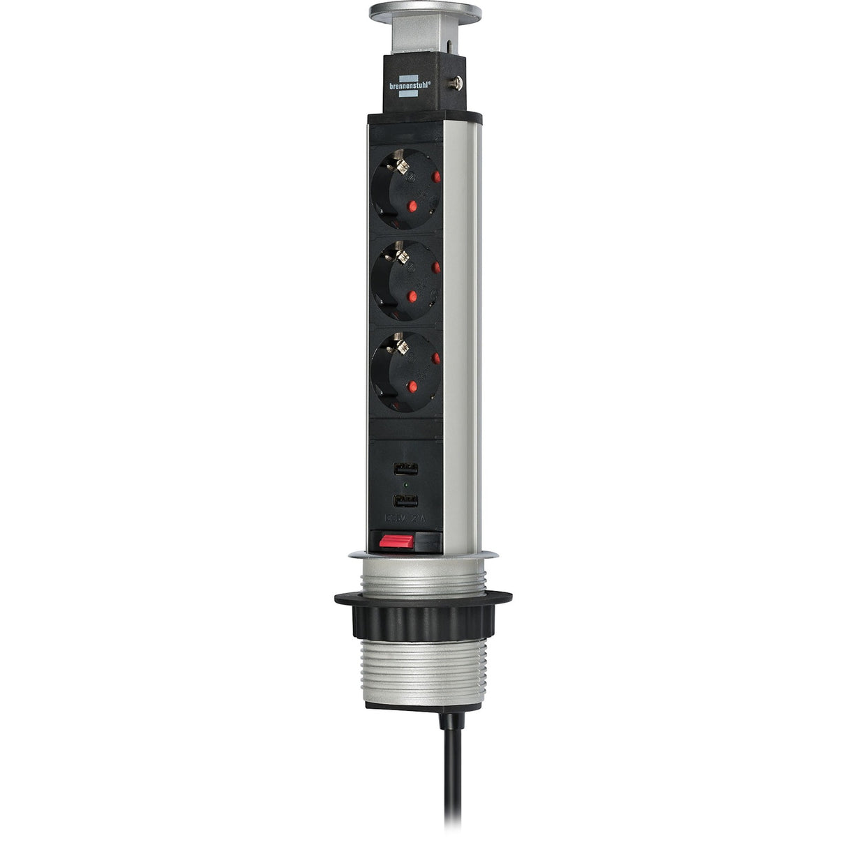 Brennerstuhl Tower Power USB opladerstik 3-vejs med dobbelt USB ladeindgang 2m H05VV-F 3G1.5 fuldt forsænket i bordpladen