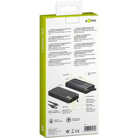 Goobay udendørs solenergibank 20.000 mah med strømforsyningsbank (sort)