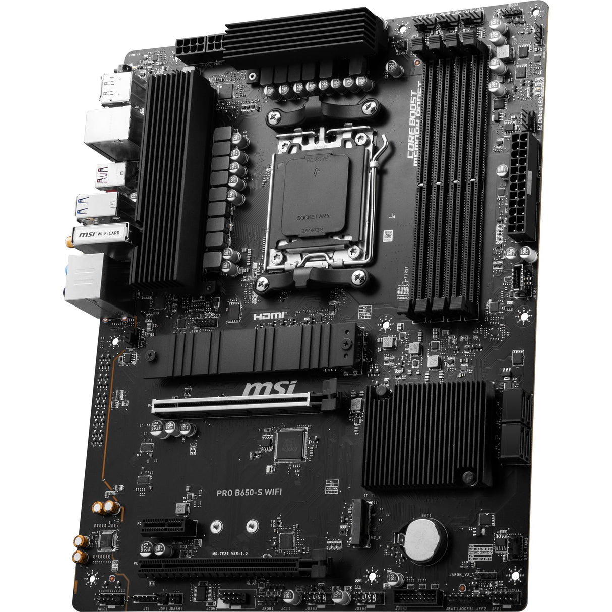 MSI Pro B650-S WiFi Socket AM5 bundkort (sort, RAID, 2,5 GBE-LAN, WiFi 6e, BT, lyd, ATX)