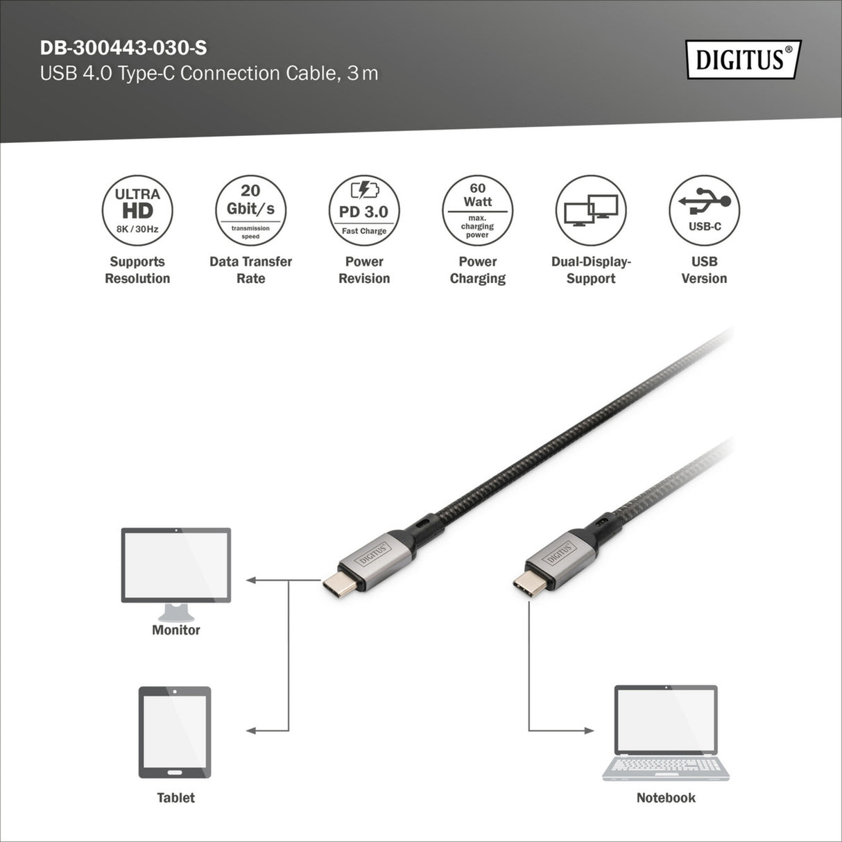 Digitus USB-C 4 gen2 USB-C tilslutningskabel (sort grå, 3 meter)