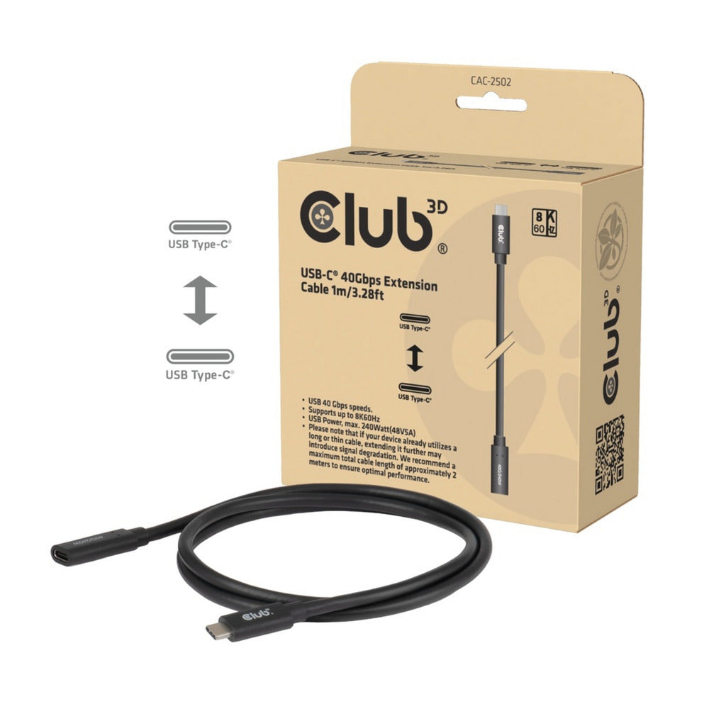 Club 3d usb-c 40 gbps verlengkabel (zwart, 1 meter, 8k 60hz, pd 240 watt)