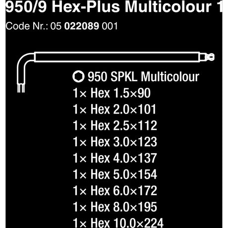 Wera 950 9 hex-plus flerfarvet 1 L-nøglesæt, metrisk, sort laser (9 dele)
