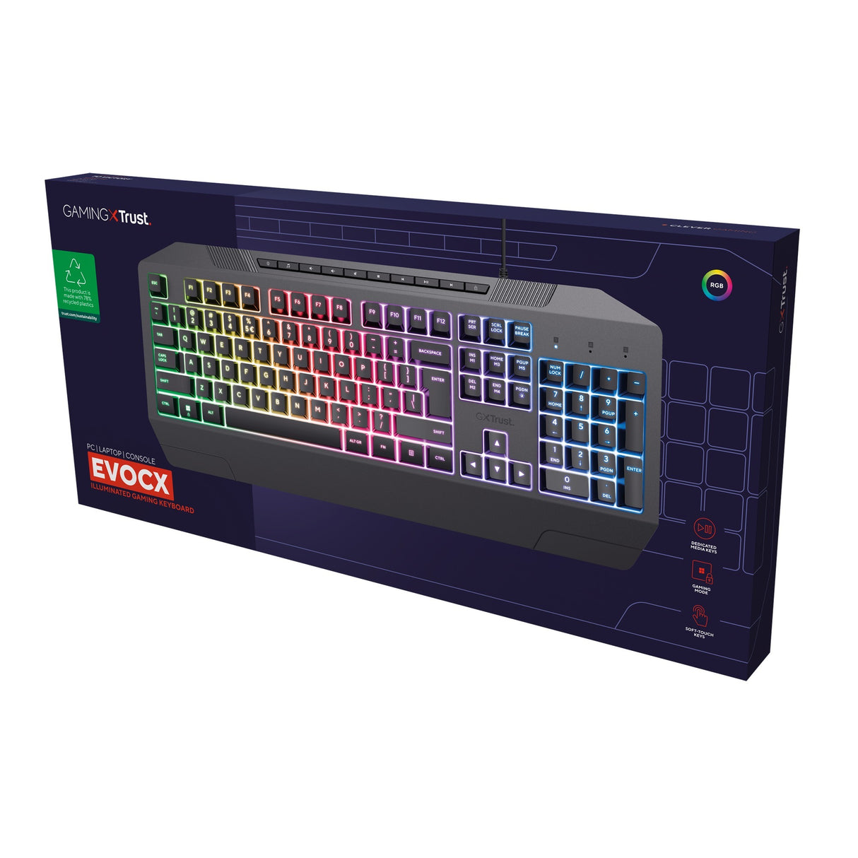Trust GXT 836 EVOCX RGB gaming tastatur (sort, amerikansk layout (QWERTY), membran, 100 %, RGB)