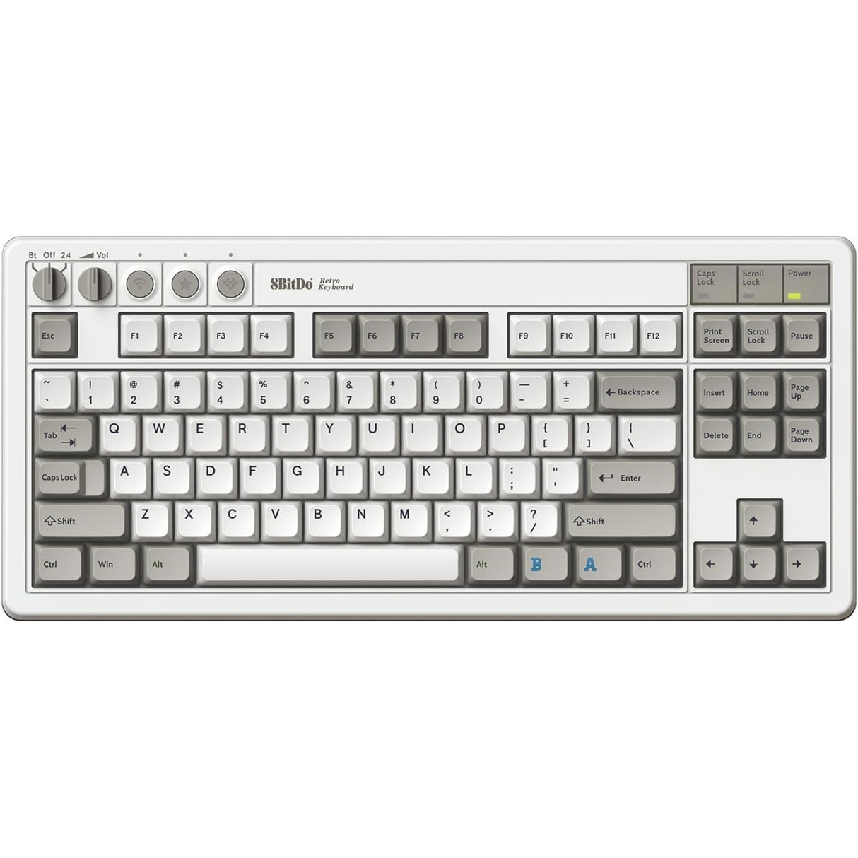8bitdo retro mekanisk tastatur m udgave (grå, us layout (qwerty), kailh box hvid, 80% (tkl), bluetooth lavenergi, trådløs 2.4g, usb)