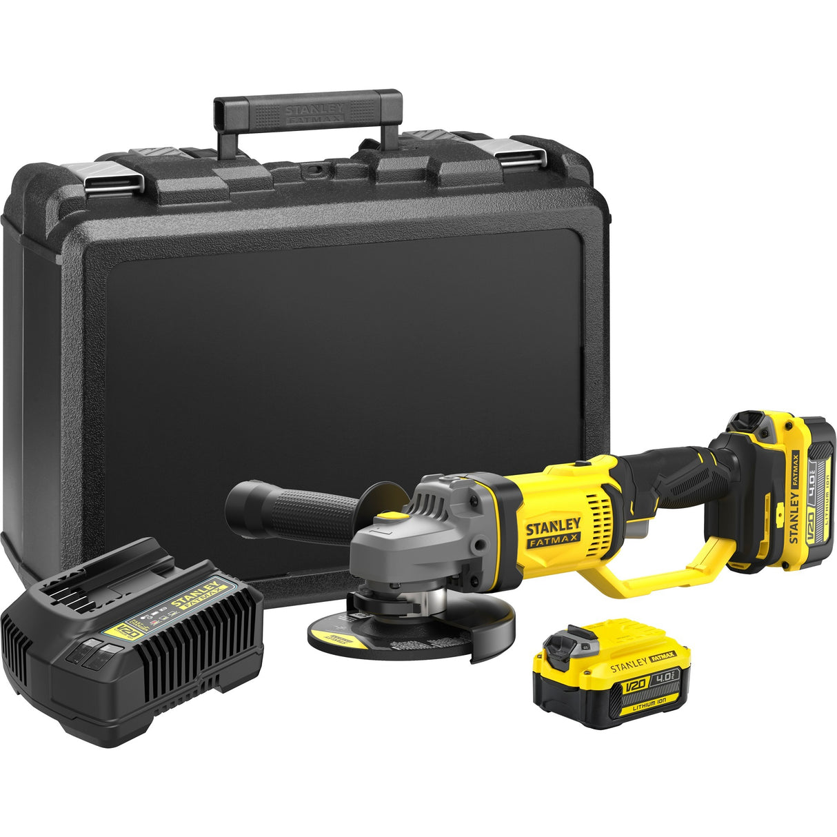 Stanley fatmax v20 18v vinkelsliber (gul sort, kuffert, 2 batterier (4.0ah) og oplader (4a) inkluderet)
