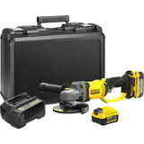Stanley fatmax v20 18v vinkelsliber (gul sort, kuffert, 2 batterier (4.0ah) og oplader (4a) inkluderet)