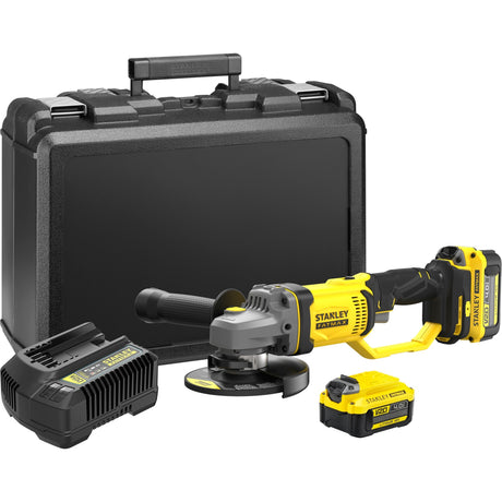 Stanley fatmax v20 18v vinkelsliber (gul sort, kuffert, 2 batterier (4.0ah) og oplader (4a) inkluderet)
