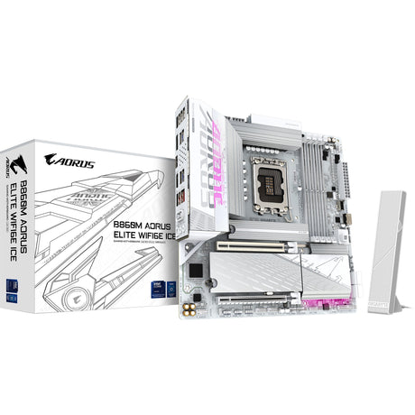 Gigabyte B860M Aorus Elite WiFi6E Ice Socket 1851 bundkort (sølvhvidt, RAID, 2,5 GB-LAN, Wi-Fi 7, BT, lyd, µATX)