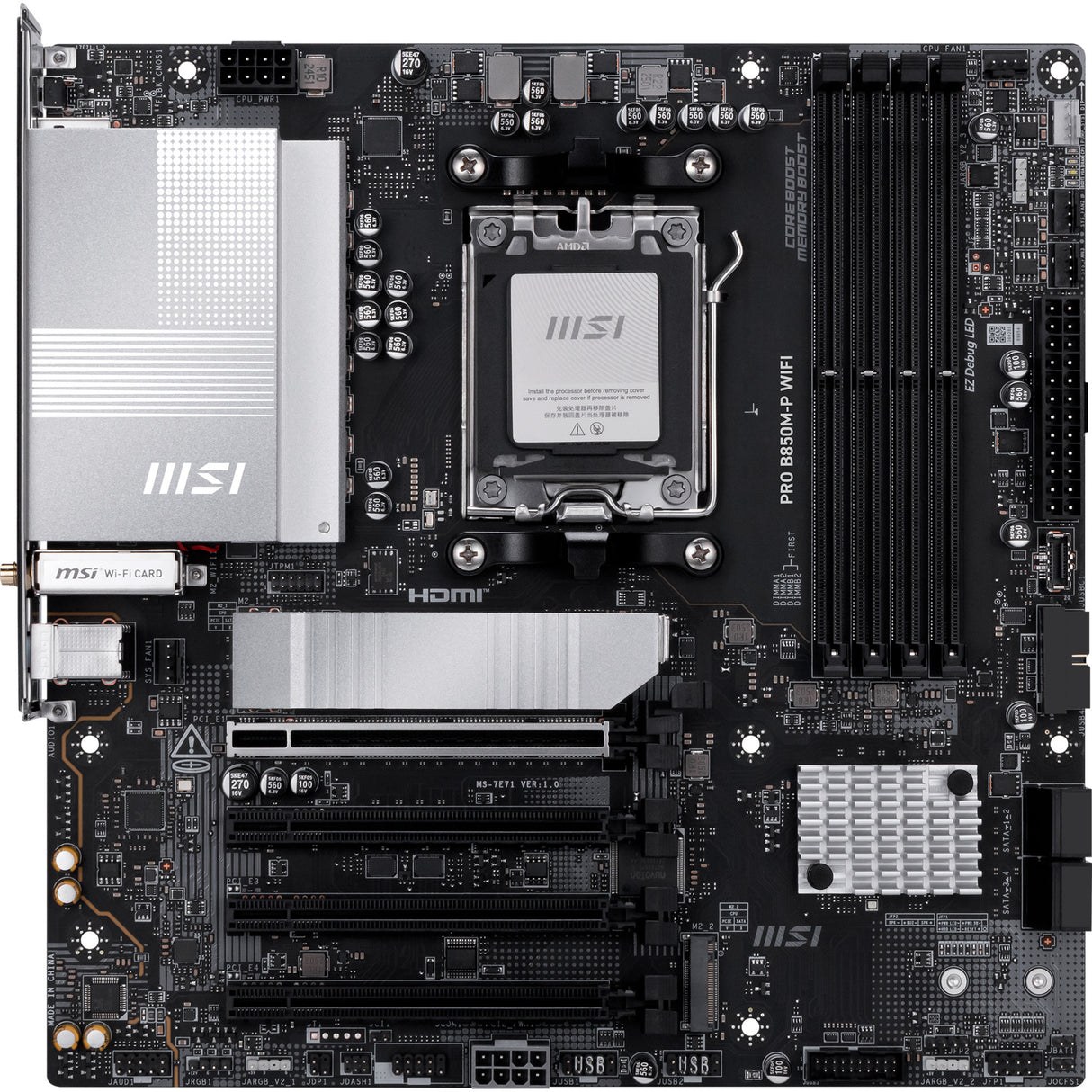 MSI Pro B850M-P WiFi Socket AM5 bundkort (sort sølv, RAID, 5GB-LAN, WiFi 7, BT, lyd, µATX)