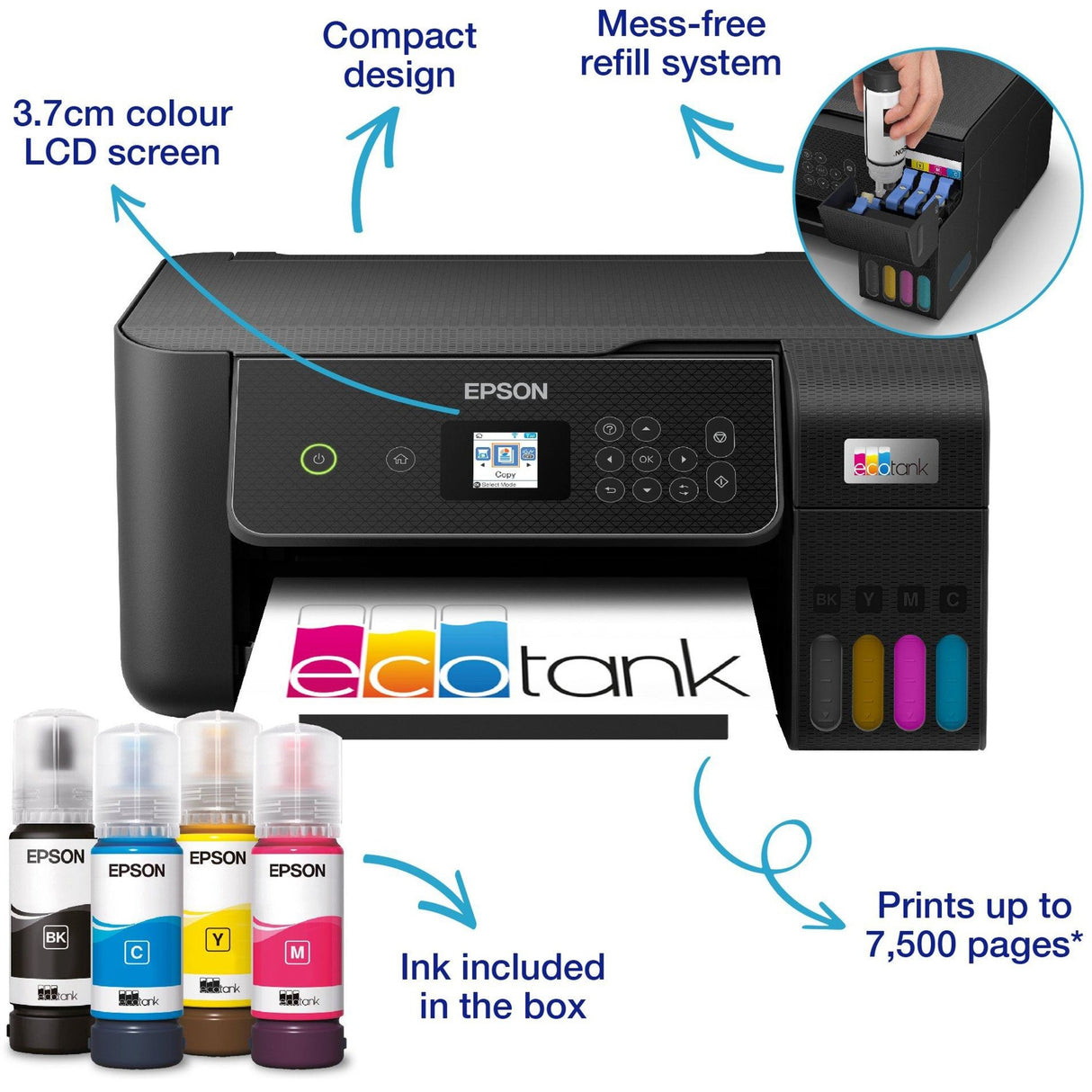 Epson ecotank et-2871 a4 multifunktions wi-fi-printer med blækbeholder alt-i-én inkjetprinter (sort, scan, kopi, wi-fi, inklusive op til 3 års blæk)
