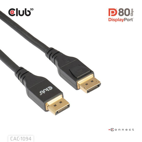 Club 3D-certificeret displayport 2.1 Vesa DP80-kabel (sort, 2 meter, 8k 240hz, 10k 60hz, 80gbps)