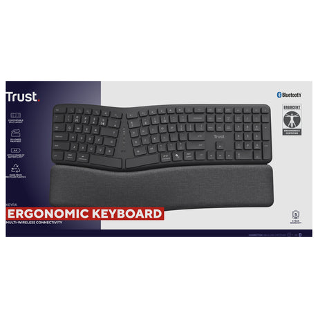 Trust Keyra ergonomisk trådløst tastatur (sort, amerikansk layout (QWERTY), 100 %, 2,4 GHz USB | Bluetooth)