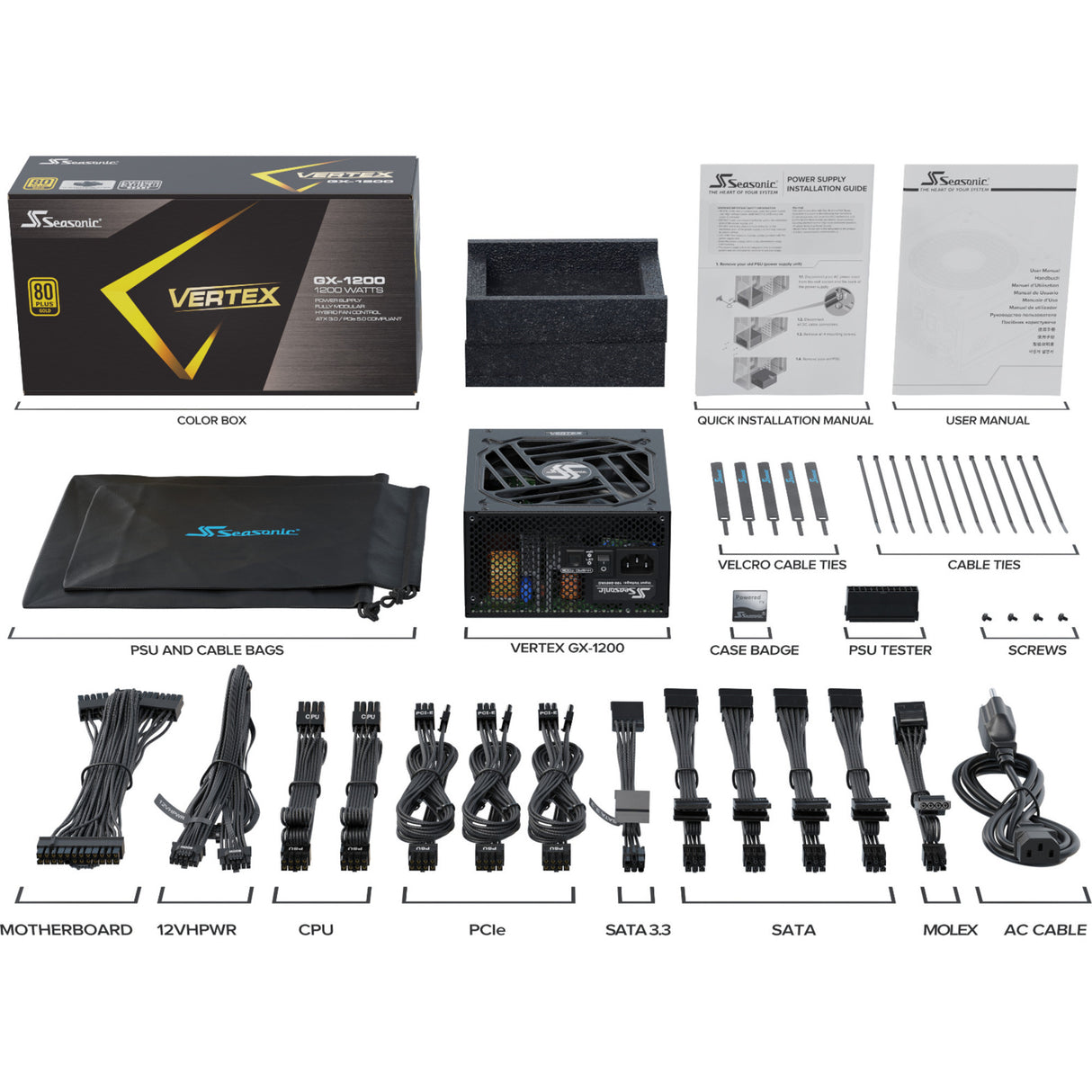 Seasonic vertex gx-1200 modulær 1200 watt strømforsyning (sort, 1x 12v-2x6, 3x pcie)