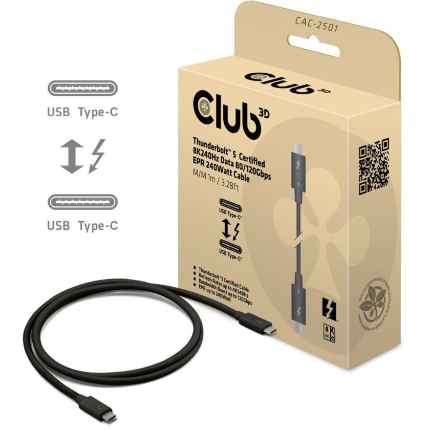 Club 3d thunderbolt 5 certificeret 8k240hz kabel (sort, data 80 120 gbps, epr 240 watt, 1 meter)