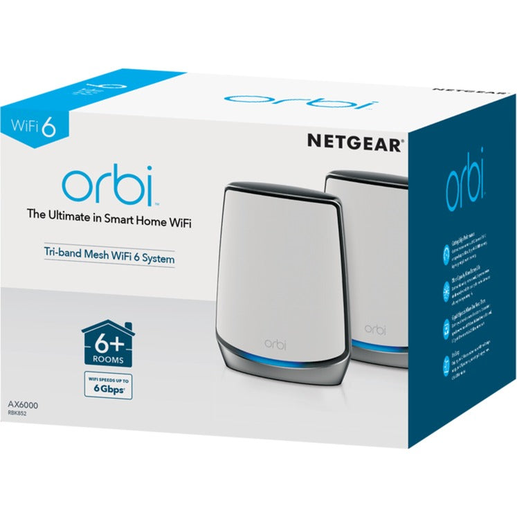 Netgear orbi wifi 6 system (rbk852) ax6000 mesh router (hvid sølv, 1x router (rbr850), 1x satellit (rbs850), dækning op til 350 m²)