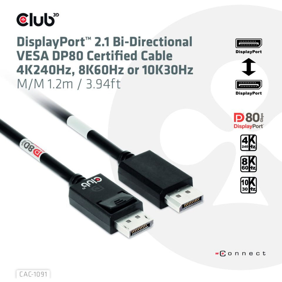 Club 3D DisplayPort 2.1 Vesa DP80 certificeret kabel han-han (sort, 1,2 meter, 4K 240Hz, 8K 60Hz, 80Gbps)