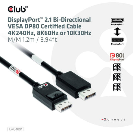 Club 3D DisplayPort 2.1 Vesa DP80 certificeret kabel han-han (sort, 1,2 meter, 4K 240Hz, 8K 60Hz, 80Gbps)