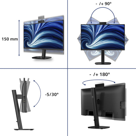 Philips 24b2u3301h 00 23.8 monitor (zwart, 1x displayport, 1x hdmi, 2x usb-c, 4x usb-a, 1x rj-45, 120 hz, webcam)