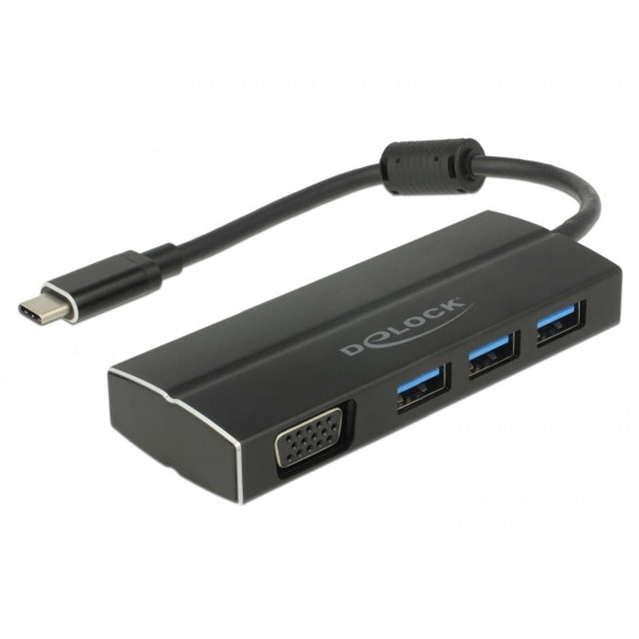 Delock USB-C 3.1 > 3x USB-A 3.0 + 1x VGA USB-hub (sort, 0,15 meter)