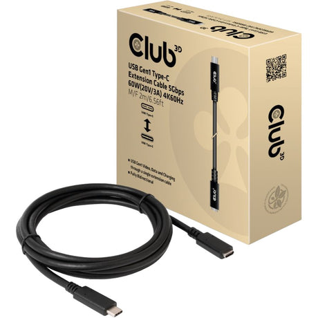 Club 3D USB-C gen 1 forlængerkabel (sort, 2 meter, 5 GBP s, 60 watt)