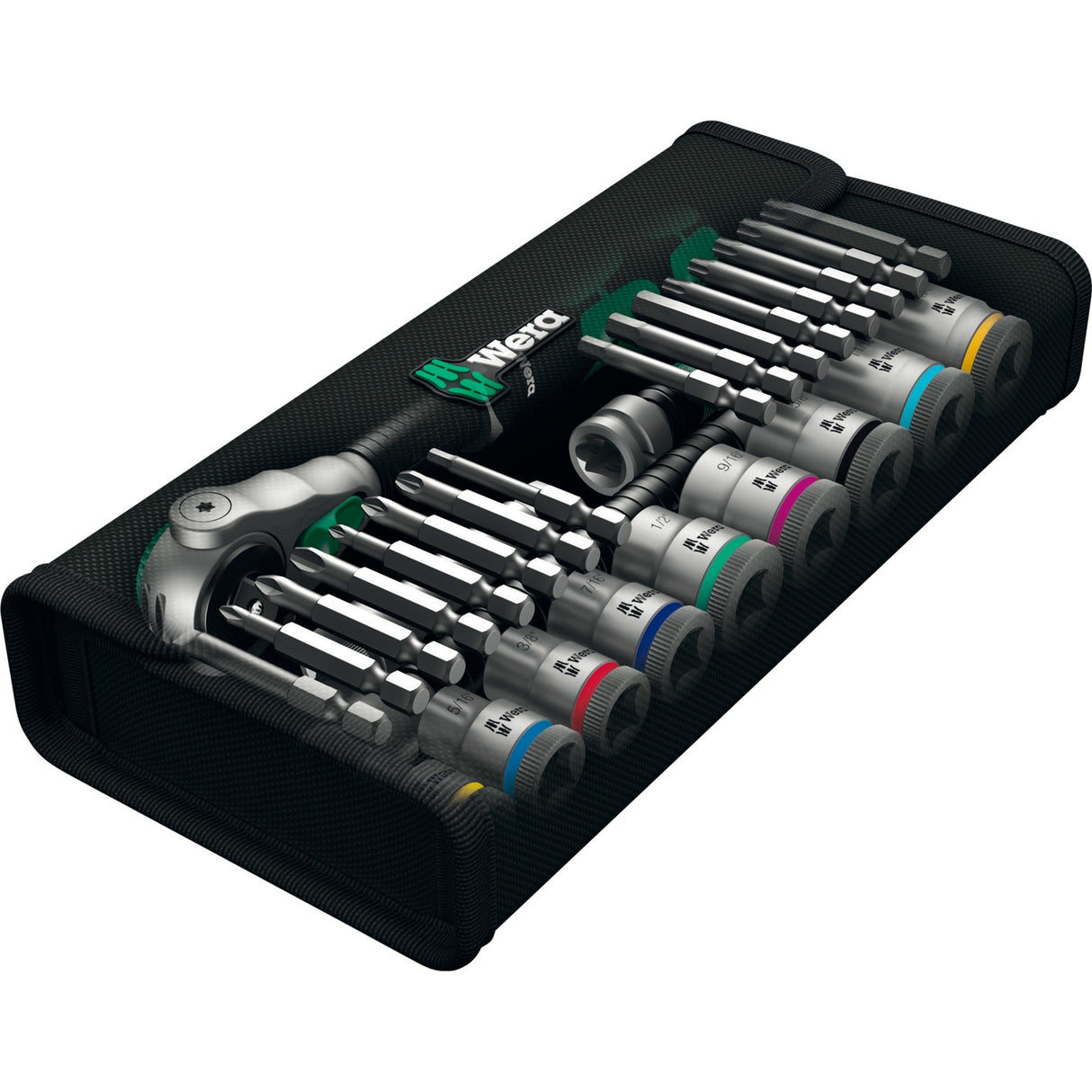 Wera 8100 sb 9 zyklop speed skraldesæt værktøjssæt (sort grøn, 29 dele, speed skralde med drejehoved)