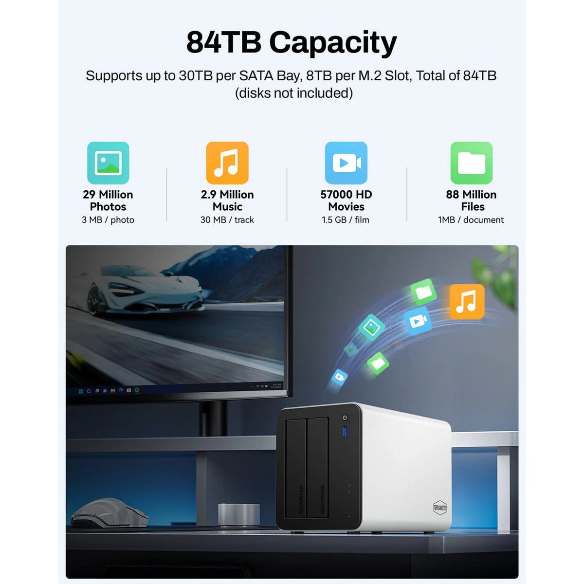 Terramaster f2-425 plus nas (hvid, 2x 5GBe, HDMI, USB)