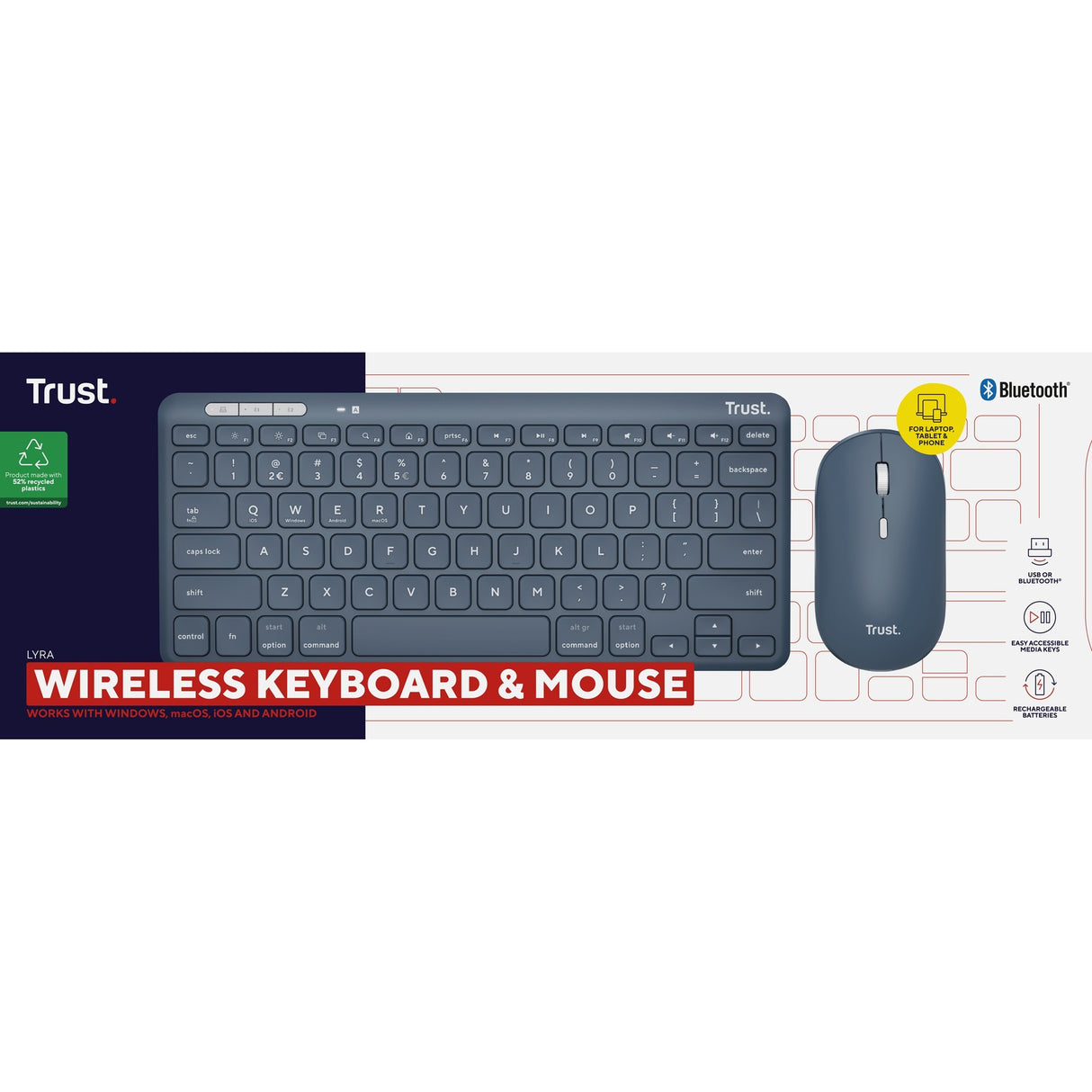 Trust Lyra trådløs tastaturmus til flere enheder, skrivebordssæt (blå, amerikansk layout, saksekontakter, 800 - 1.600 dpi, 2,4 GHz USB, Bluetooth, 65 %)