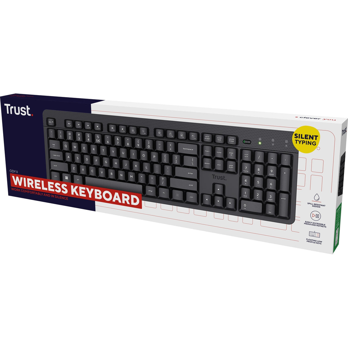 Trust Ody II trådløst tastatur (sort, EU-layout (QWERTY), membran, lydløst)