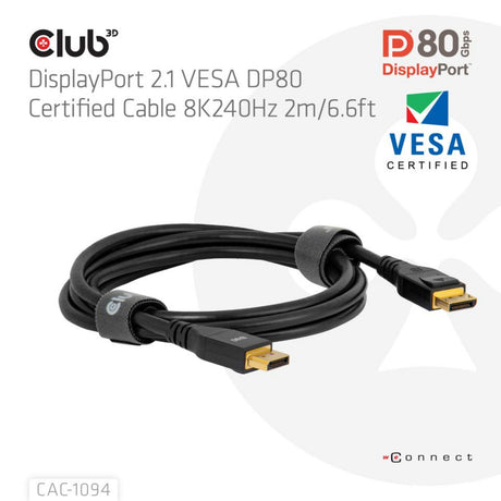 Club 3D-certificeret displayport 2.1 Vesa DP80-kabel (sort, 2 meter, 8k 240hz, 10k 60hz, 80gbps)