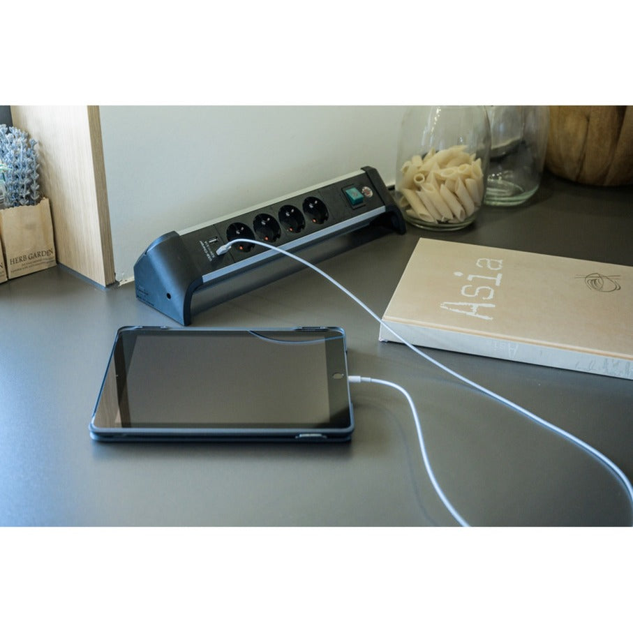 Brennerstuhl aluminium kontor-line strømskinne med USB-opladningsfunktion, 4-vejs skiftende strømskinne