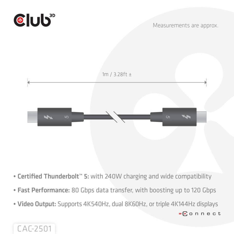 Club 3d thunderbolt 5 certificeret 8k240hz kabel (sort, data 80 120 gbps, epr 240 watt, 1 meter)