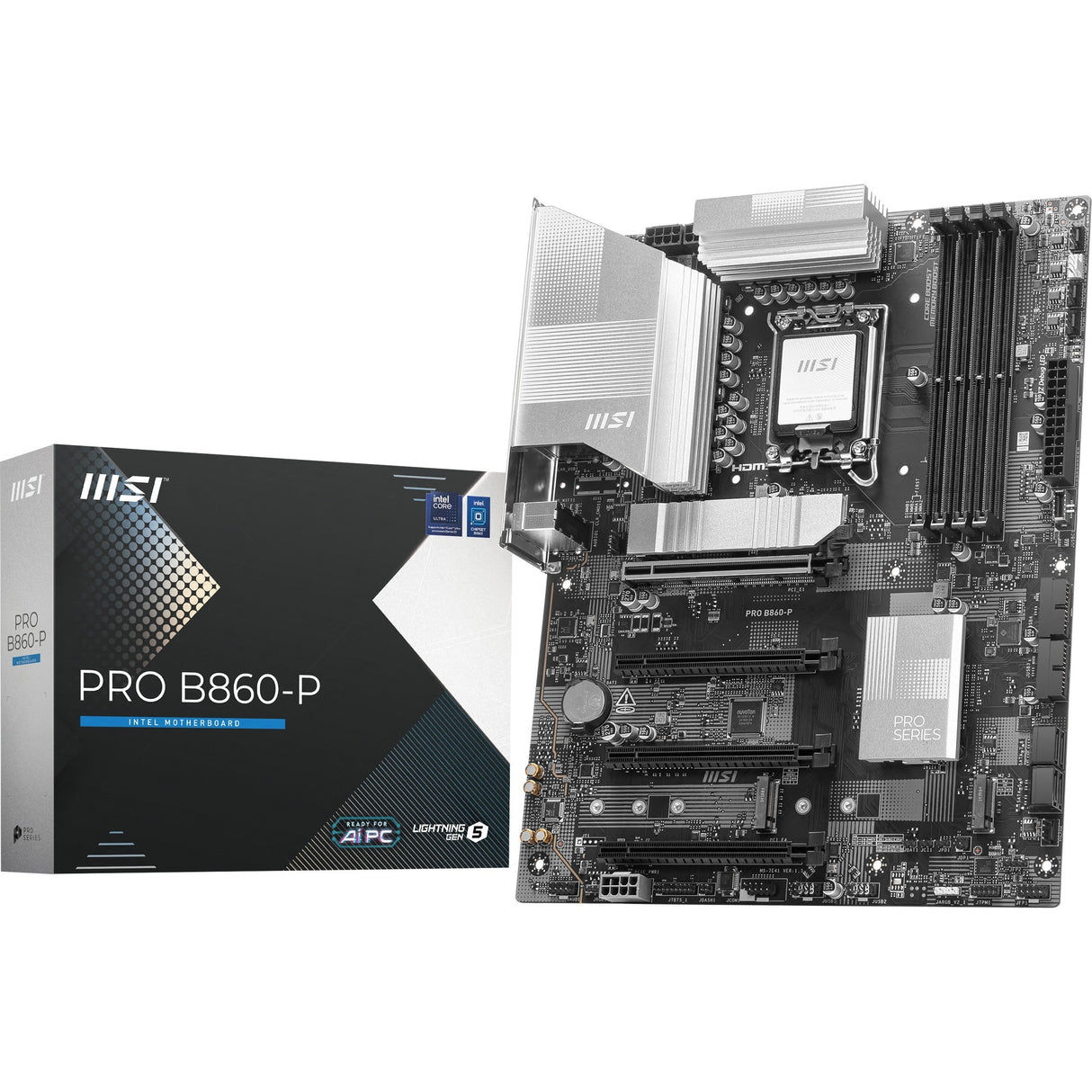 MSI Pro B860-P Socket 1851 bundkort (sølv, RAID, 5GB-LAN, lyd, ATX)