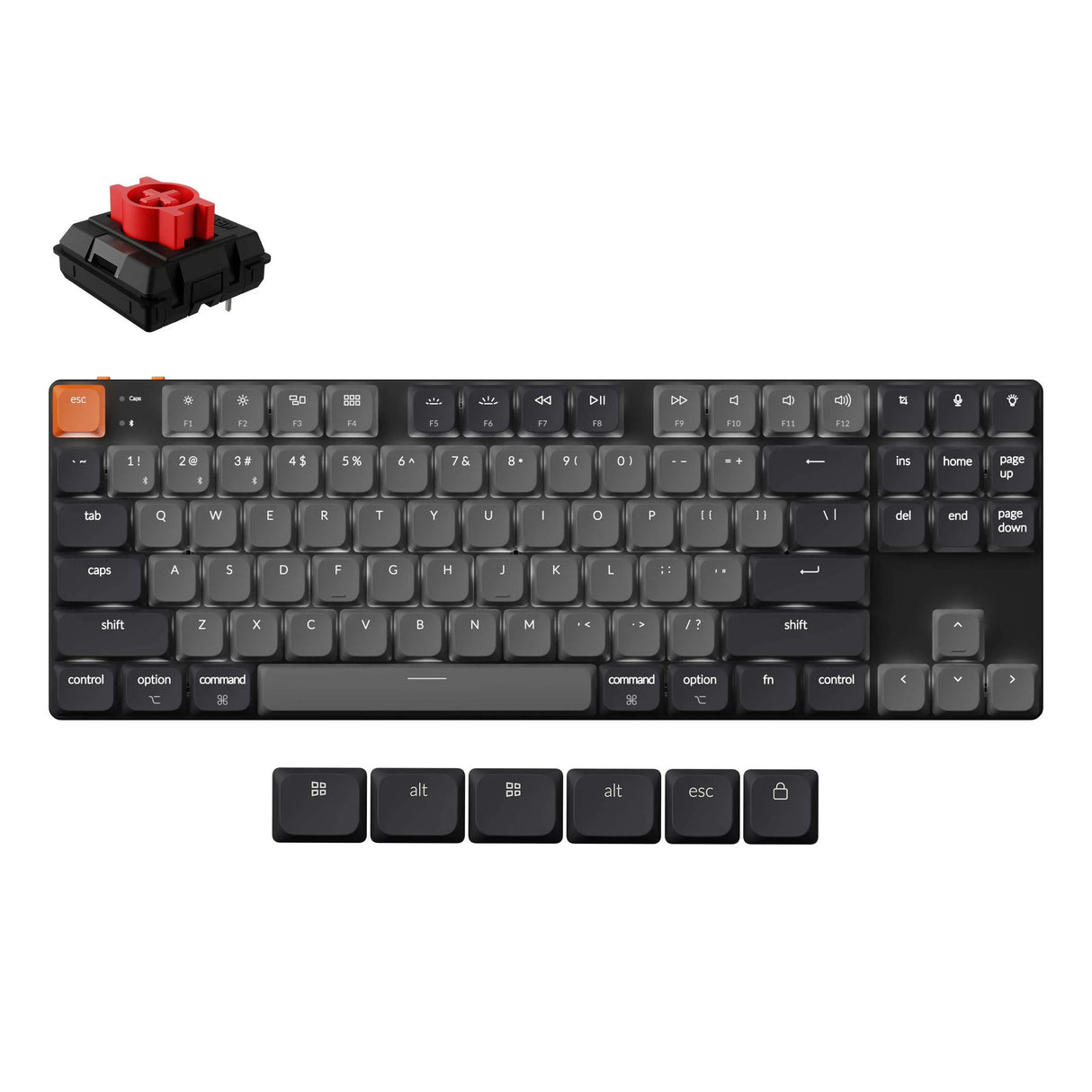 Keychron k1 qmk-a1, tastatur (sort, us-layout, milk pom red, 80%, hvide LED'er, abs keycap, usb-c | bluetooth 5.2)