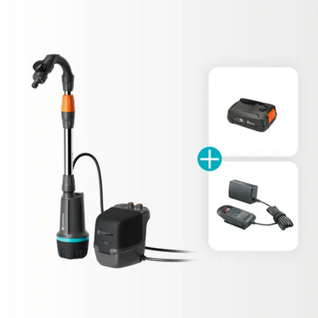 Gardena accu regentonpomp 2400 comfortautomatic 18v p4a gebruiksklare set incl. accu en oplader (donkergrijs zwart, 14605-20 | pomp | accu | oplader | buis en aansluiting)