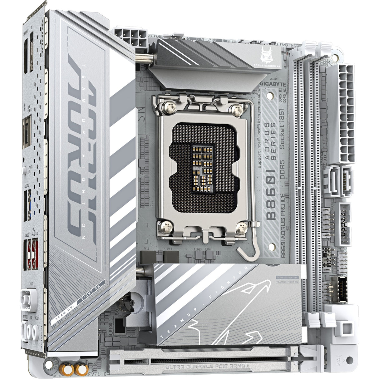 Gigabyte B860i Aorus Pro Ice Socket 1851 bundkort (sølv, RAID, 2,5 GB-LAN, Wi-Fi 7, BT, lyd, Mini-ITX)