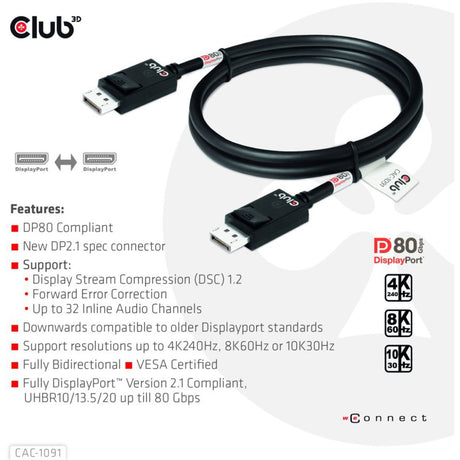 Club 3D DisplayPort 2.1 Vesa DP80 certificeret kabel han-han (sort, 1,2 meter, 4K 240Hz, 8K 60Hz, 80Gbps)