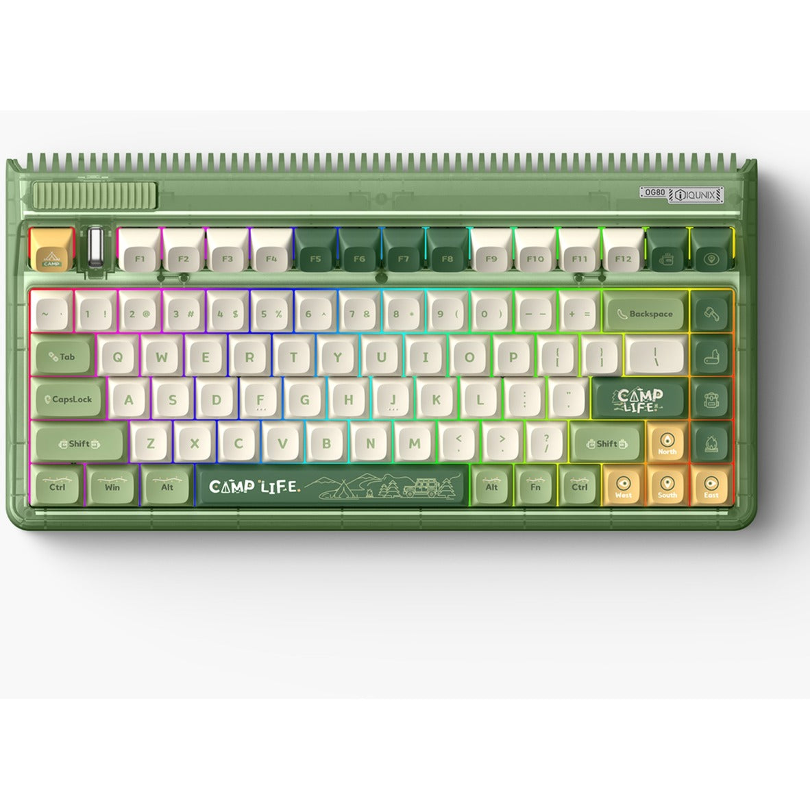 Iqunix og80 camping trådløst mekanisk tastatur (grøn, us-layout (qwerty), cherry mx red, 80% (tkl), rgb-lysdioder, hot-swappable, pbt, 2.4ghz | bluetooth 5.1 | usb-c)